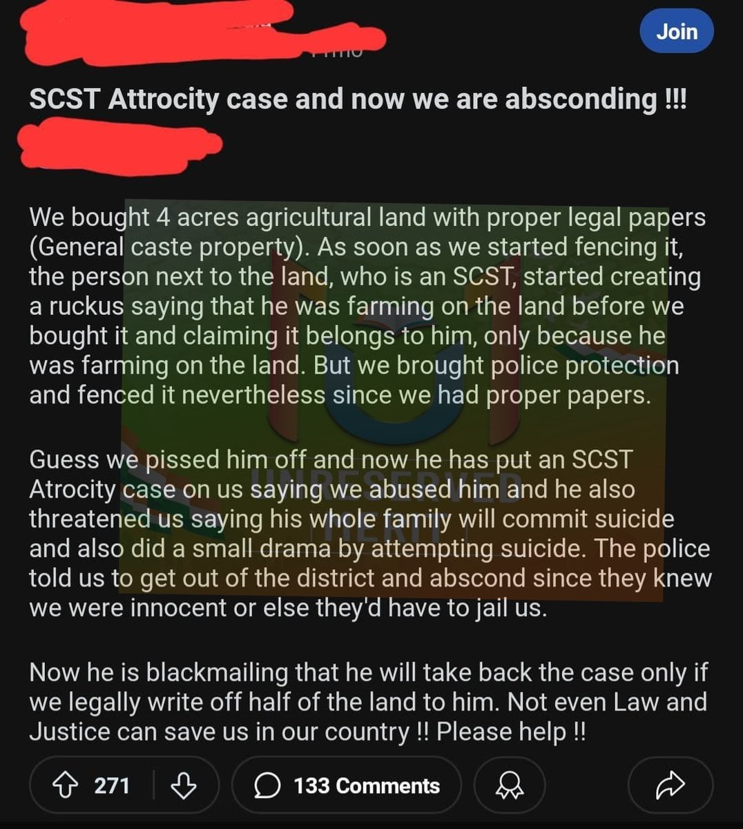 Misuse of SC-ST ACT at its best 

Transfer half the land to get the SC-ST ACT case withdrawn

> Lawfully purchased 4 acres of agricultural land with registered documents
>  Initiated fencing after taking police protection .

> Adjacent farmer objected, claiming prior cultivation