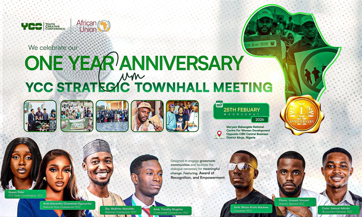 Youthcreativez's tweet photo. One year ago, we started with a vision.

The YCC Strategic Townhall Meeting marks one year of intentional youth leadership under the African Union framework. One year of engaging grassroots communities. One year of facilitating conversations that translate into meaningful change. https://t.co/rjw9qnnviU