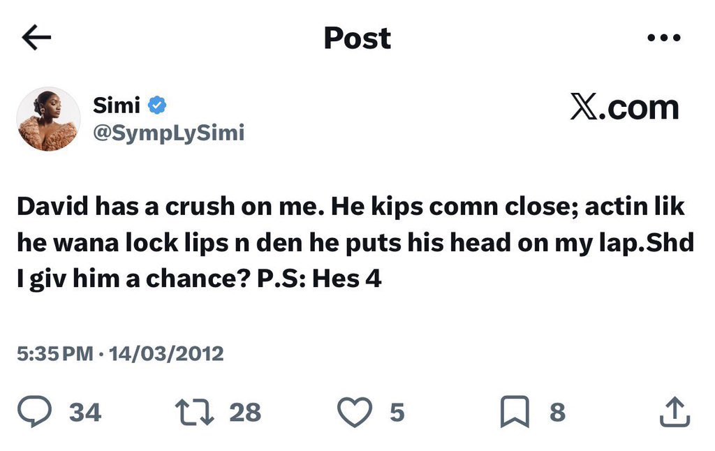 Now let’s flip it.

Imagine the son of a woman who runs a childcare tweeted  exactly what Simi tweeted, 

“Angela has a crush on me. She kips comn close; actin lik she wana lock lips n den she puts her head on my lap.shd I give her a chance? P.S: She’s 4”

and he goes on to