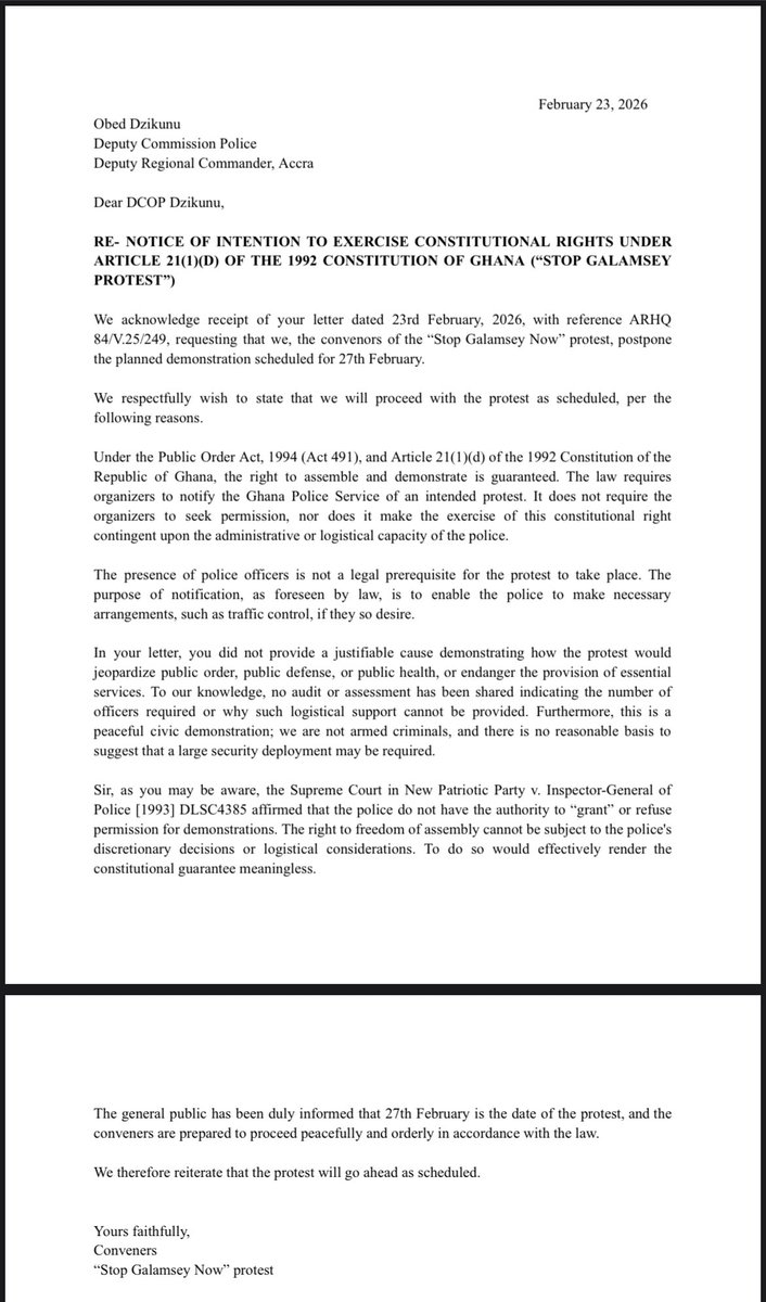 On Friday, the Regional Deputy Police Commander invited the organizers of the #StopGalamseyNow protest, scheduled for Friday, 27th February 2026, to a meeting at 10 a.m. this morning.

At the meeting, we were informed that the President’s State of the Nation Address (SONA) is