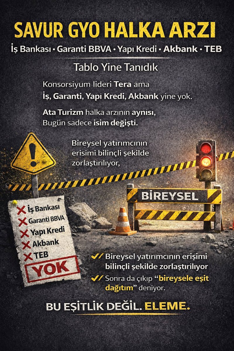 Savur GYO halka arzı özelinde dikkat çeken bir tablo var. 

Konsorsiyum lideri Tera ama
İş, Garanti, Yapı Kredi, Akbank gibi büyük bankalar yine yok.
Bu durumu Ata Turizm (ATATR) halka arzında da görmüştük.

Bugün aynı yapı tekrar karşımızda.
Bu ne anlama geliyor?
Bireysel