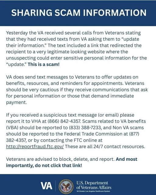 PADMVA's tweet photo. 🚨 SCAM ALERT INFORMATION 🚨

💬 The federal @DeptVetAffairs has received calls regarding scam texts being sent to veterans. Stay vigilant and report it at 866-842-4357! https://t.co/WYpnrZrqL5