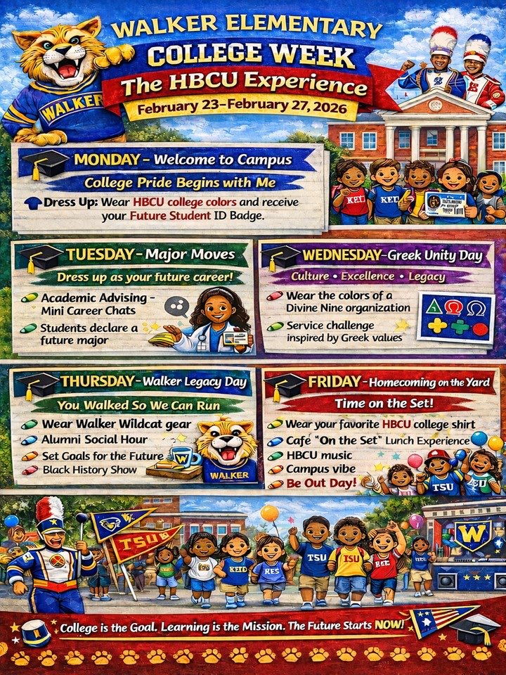 WalkerESMagnet's tweet photo. 🎓✨ It’s College Week at Walker Elementary and we’re bringing the vibes with “The HBCU Experience!” ✨

We’re celebrating culture, excellence, and legacy all week long! Join the fun as we inspire our future scholars to dream BIG! https://t.co/cbBUR8Uydl