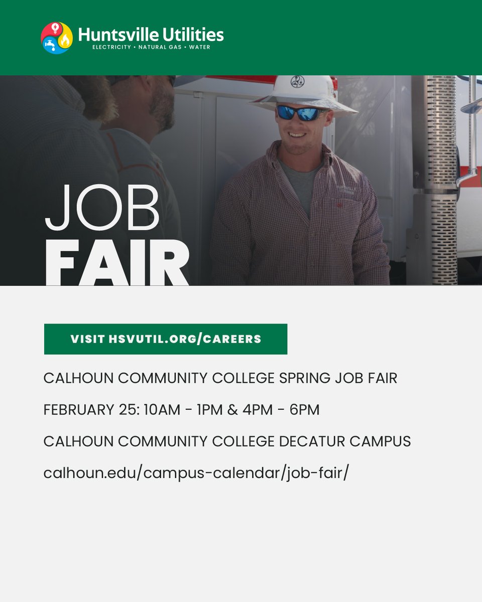 HSVUtilities's tweet image. We'll be at the @CalhounCollege Job Fair on Wed, Feb 25 (Decatur Campus). 

If you're a job seeker, we hope you'll stop by!

You can find more information--including a list of other employers who will be there--at calhoun.edu/campus-calenda…

#jobfair #hiring #jobs #employment
