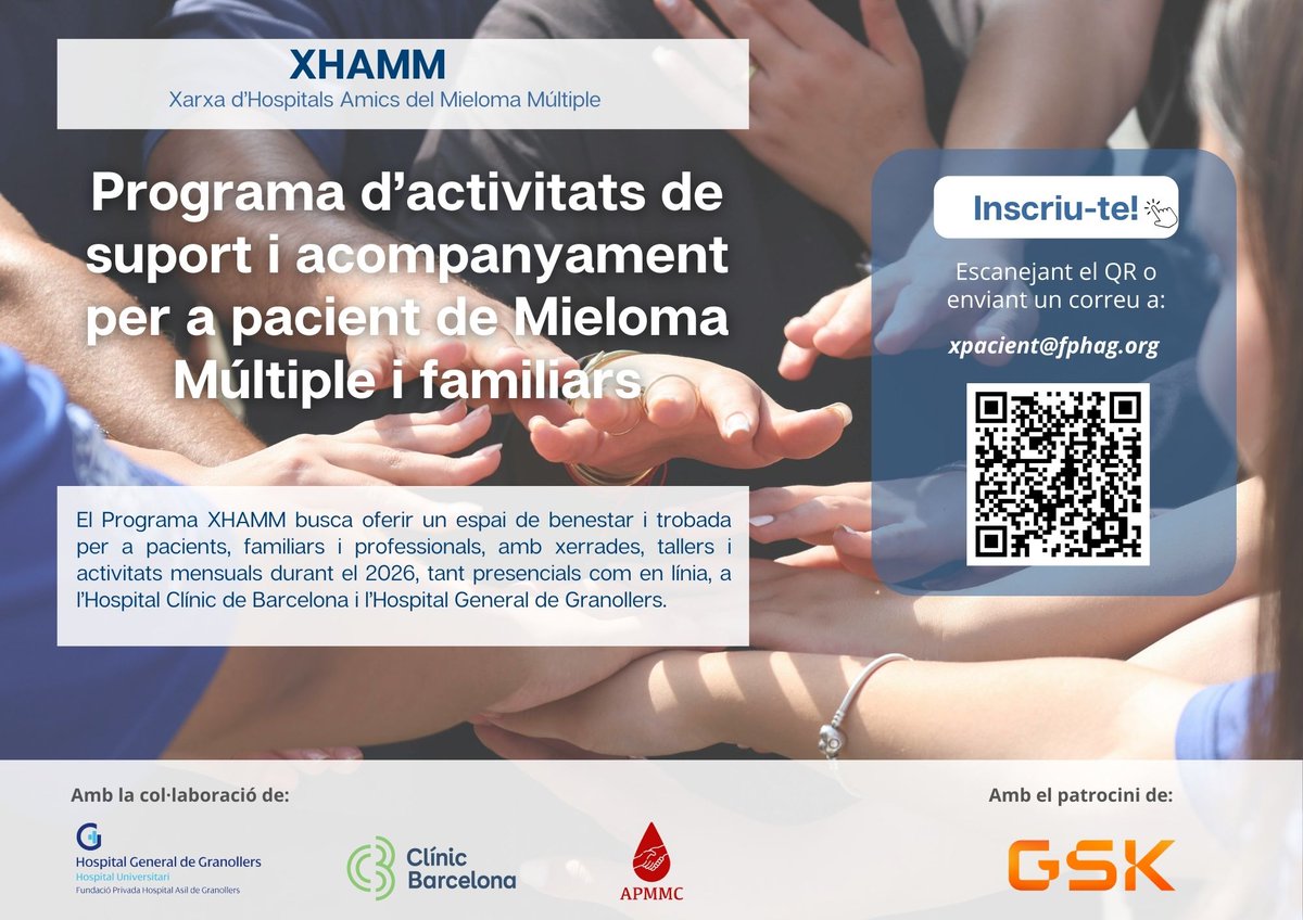 mielomacat's tweet photo. Aquí trobareu el Programa XHAMM, d'acompanyament i suport als pacients de #mieloma amb el suport de @hospitalclinic @mielomacat @GSK i Hospital de Granollers. Ens hi acompanyeu? https://t.co/cj5ieEwQlH