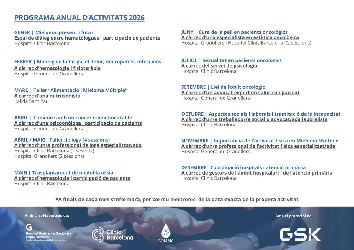 mielomacat's tweet photo. Aquí trobareu el Programa XHAMM, d'acompanyament i suport als pacients de #mieloma amb el suport de @hospitalclinic @mielomacat @GSK i Hospital de Granollers. Ens hi acompanyeu? https://t.co/cj5ieEwQlH