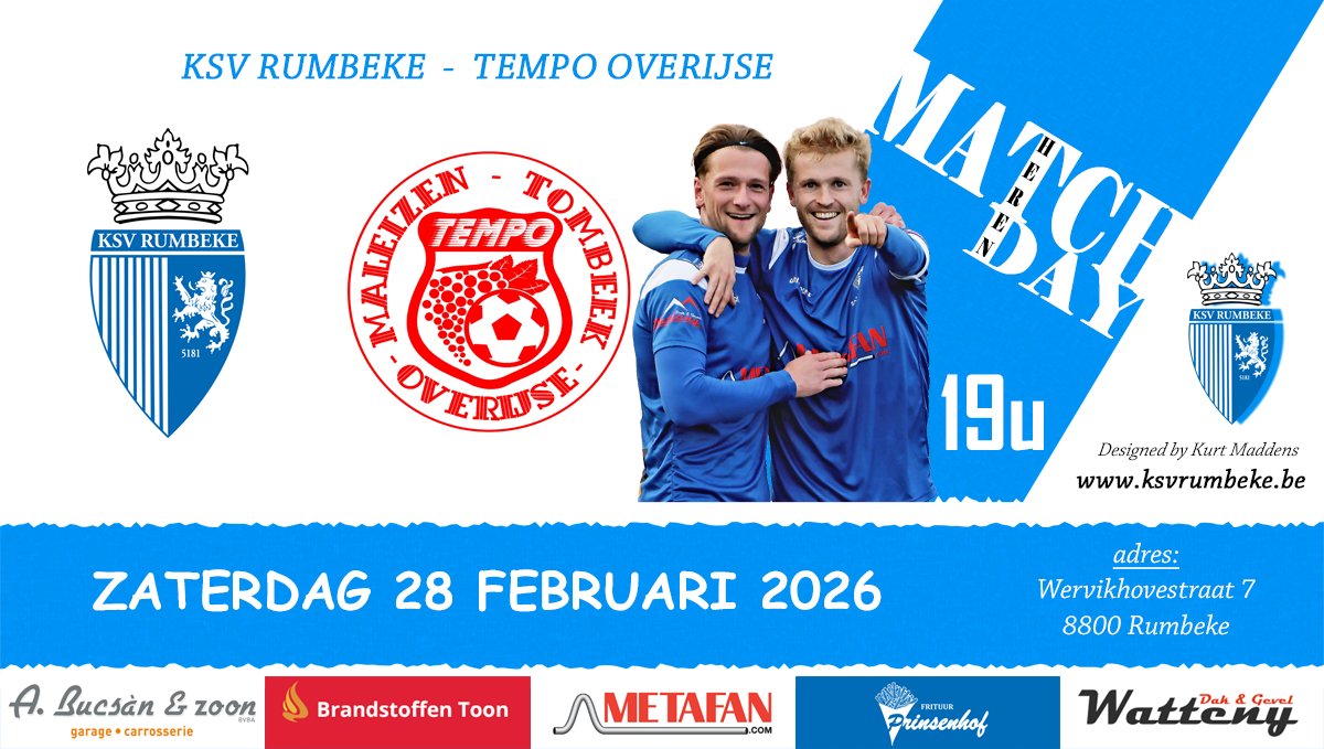 KsvRumbeke's tweet photo. ⚽️ MATCHDAY - competitie !!!
🏟 KSV Rumbeke 🆚 Tempo Overijse
🕖 19u00
📌 Wervikhovestraat 7, 8800 Rumbeke https://t.co/RZ0lwYXwmC