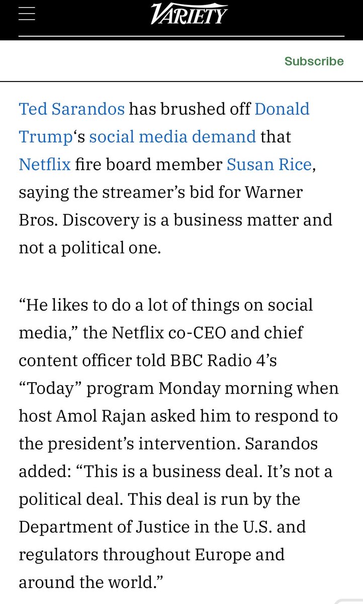.@Netflix CEO Ted Sarandos will never fire Susan Rice <a href="/AmbassadorRice/">Susan Rice</a>. I know this because months ago, I reported that Sarandos is an Obama mega-donor. Sarandos is deeply committed to “getting Trump” and installing Michelle Obama <a href="/MichelleObama/">Michelle Obama</a>, or a Biden-like puppet, as
