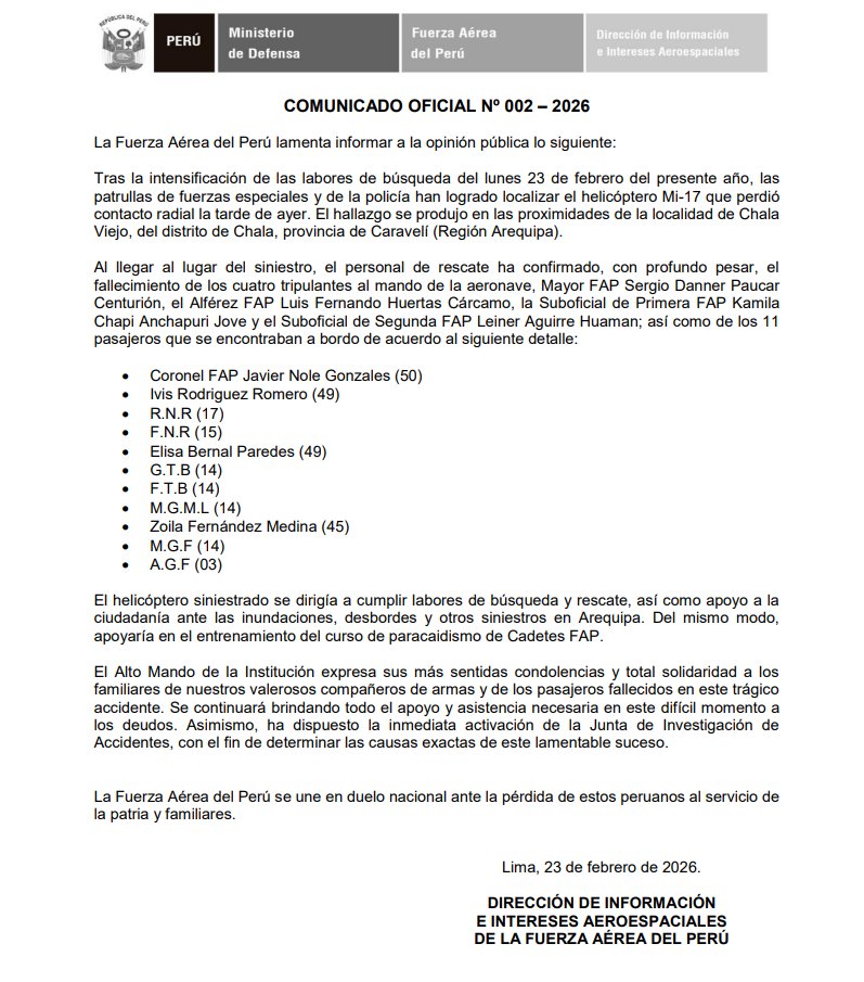 15 personas perdieron la vida tras la caída de un helicóptero de la FAP. El tema es que murieron siete menores de edad en una nave que, como misión, tenía tareas de búsqueda y rescate. Una perdida que se lamenta.