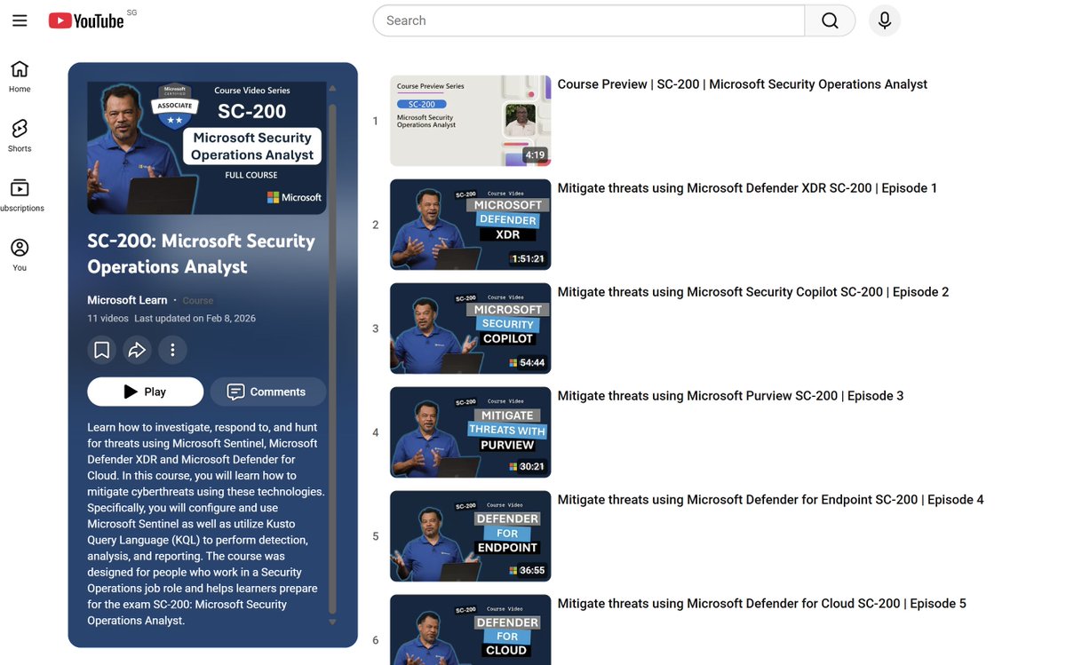 YouTube Video by Microsoft Learn 📺

SC-200: Microsoft Security Operations Analyst

Learn how to investigate, respond to, and hunt for threats using Microsoft Sentinel, Microsoft Defender XDR and Microsoft Defender for Cloud. In this course, you will learn how to mitigate