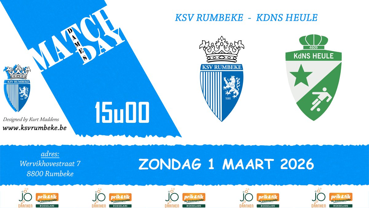KsvRumbeke's tweet photo. ⚽️ MATCHDAY DAMES - Competitie!!!
🏟 KSV Rumbeke 🆚 KdNS Heule
🕖 15u
📌 Wervikhovestraat 7, 8800 Rumbeke https://t.co/iHqea6tkCZ