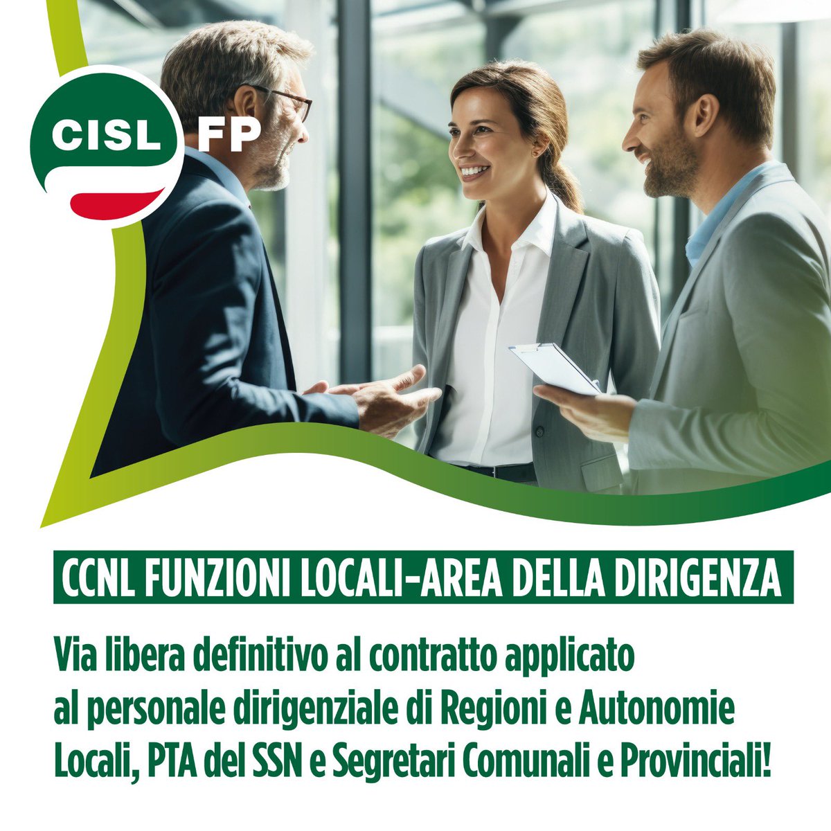 cislfp's tweet image. 🚨 𝗙𝗟𝗔𝗦𝗛 𝗡𝗘𝗪𝗦 🚨

Confermata la maggioranza negoziale al tavolo @aran_agenzia per il via libera definitivo al #CCNL #FunzioniLocali – Area della #Dirigenza, applicato alla dirigenza di Regioni e Autonomie Locali, PTA del SSN e Segretari Comunali e Provinciali.