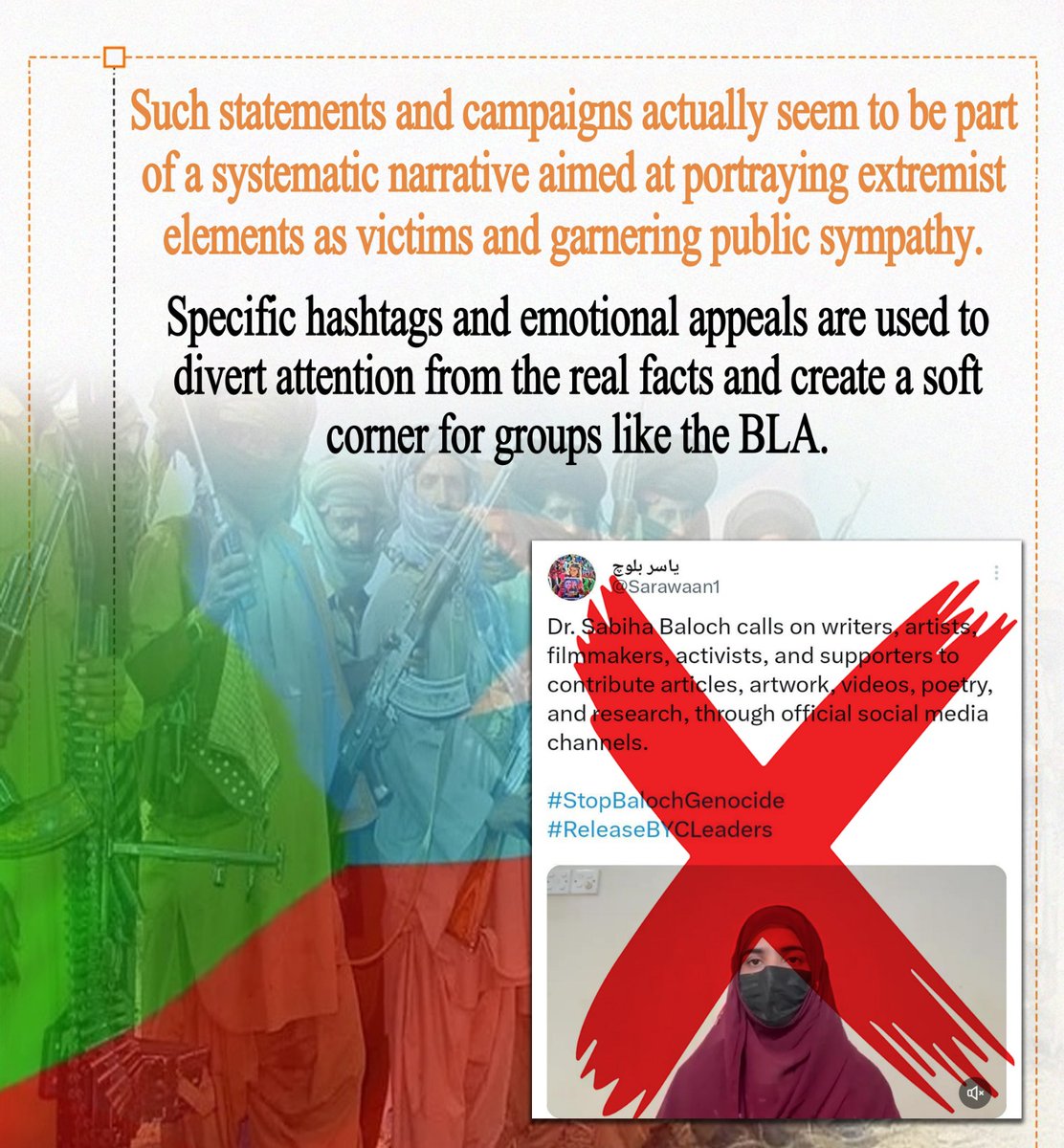 beh36037's tweet image. Many statements and social media campaigns aim to portray extremist groups as “victims” and gain public sympathy. This systematic narrative diverts attention from the real facts. #Balochistan #CounterNarrative #mynameisnanon #RISERCONCERTD2