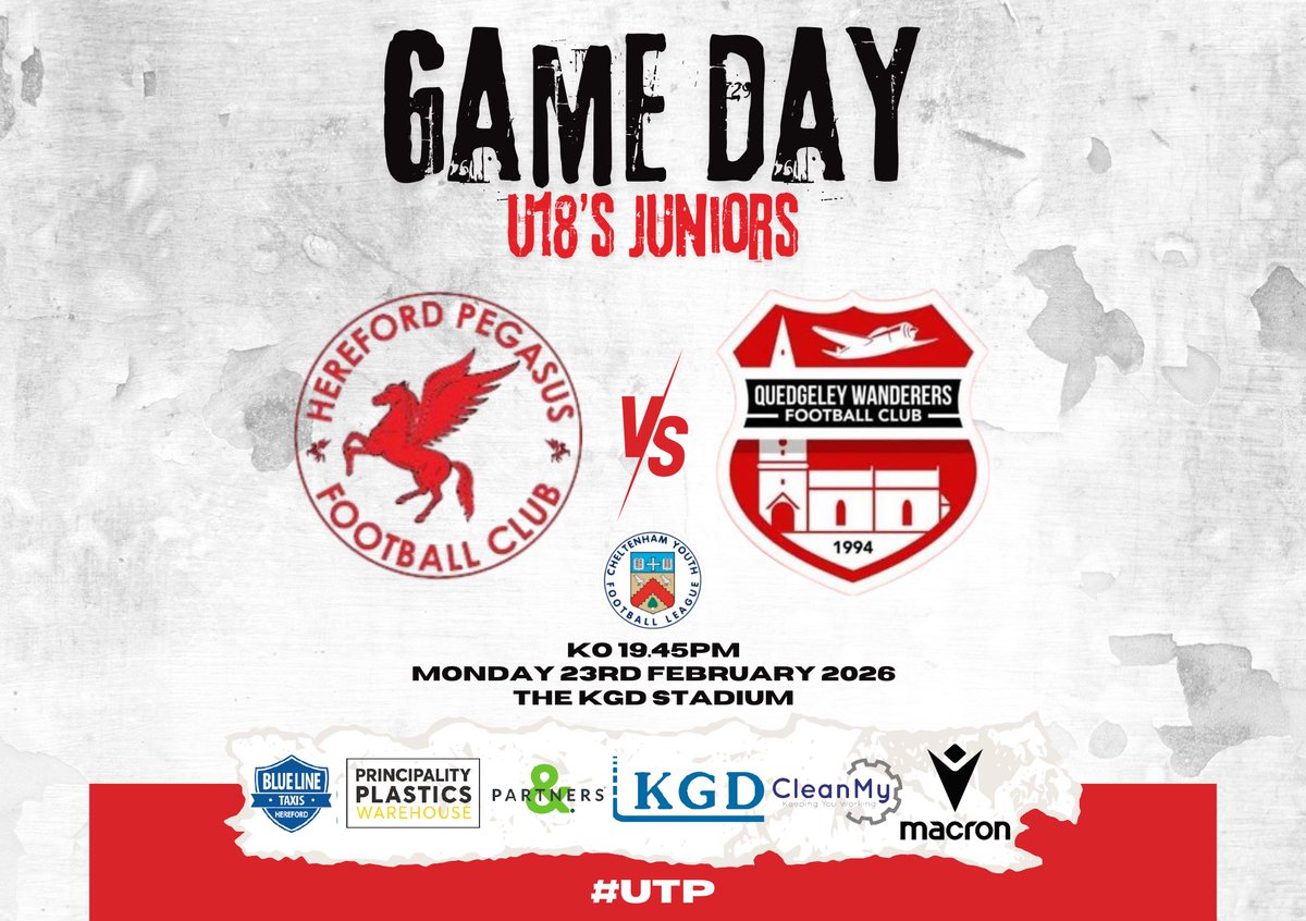 HerefordPegasus's tweet image. 🔴⚽️HPFC U18’s JUNIORS⚽️🔴

Tonight under the lights at The KGD Stadium Hereford Pegasus FC U18’s Juniors take on Quedgeley Wanderers FC in their latest fixture in The Cheltenham Youth League.

📆 23-2-26
🏟️ The KGD Stadium 
⏱️ KO 19.45

#herefordpegasusfc
#utp #juniors