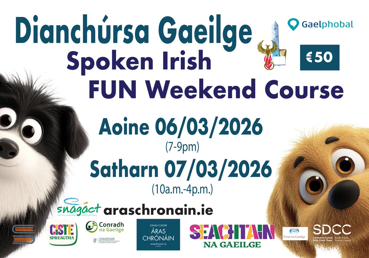 araschronain's tweet photo. Seachtain na Gaeilge 2026
Áras Chrónáin D22X856
Dianchúrsa Gaeilge Intensive Spoken Irish Fun Weekend Course 6/3/26 &amp; 7/3/26
KILA - Ceolchoirm SnaG 2026 Sat 7/3/2026
Céilí Féile Pádraig Domhnach 15/3/2026
Faigh do thicéid inniu - Get your Tickets today
https://t.co/ZkZiGaBpsF https://t.co/6I7UVpaYMP