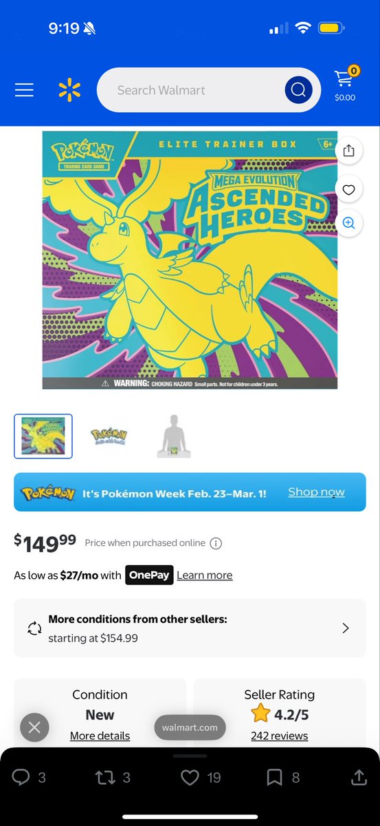 TheMitchellTori's tweet photo. @PokemonTCGIntel Is it still 150$ per ETB with walmart plus? https://t.co/RC41GfAeJA