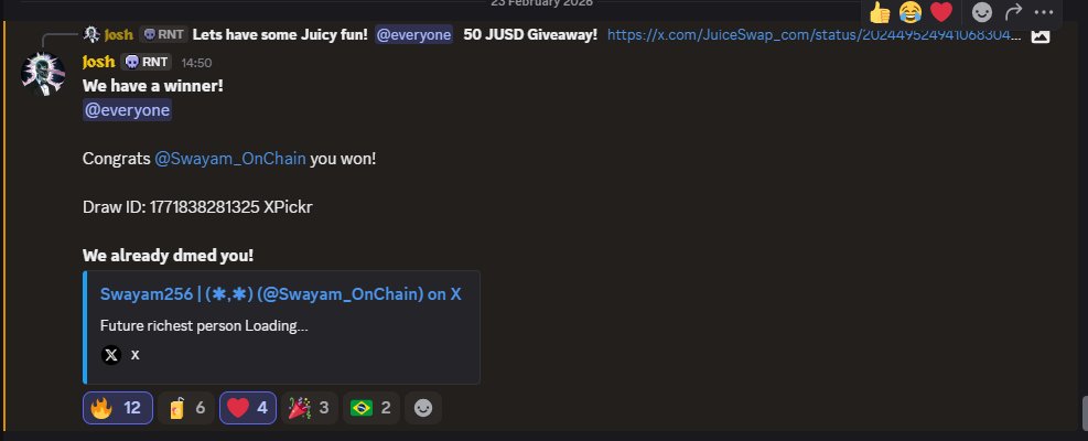 Swayam_OnChain's tweet image. Just won the 50 $JUSD Giveaway from JuiceSwap 🍊

Feeling super grateful! 💛
Thanks to the team for hosting such juicy rewards.
On-chain grind paying off 
More wins loading… 🚀

@JuiceSwap_com @citrea_xyz @rollie1212 

#JuiceSwap #JUSD  #Web3