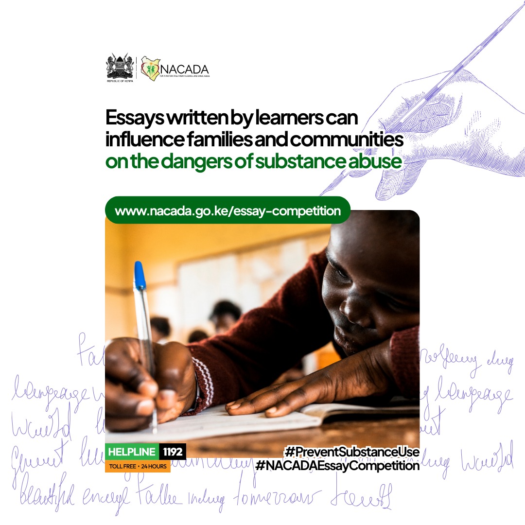 Prevention extends beyond school walls. 🏫➡️🏠

The essays your learners write can influence families and entire communities on the dangers of substance abuse.

Teachers, encourage participation in our Essay Competition today.

More information 👇
nacada.go.ke/essay-competit…