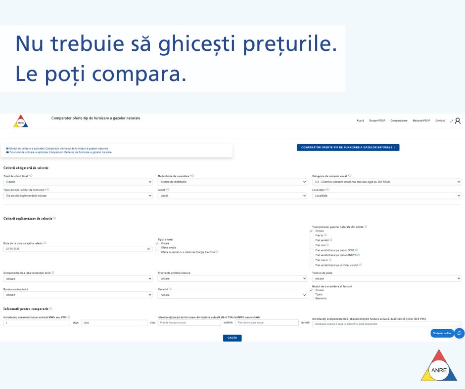 InfoANRE's tweet image. 👉ANRE pune la dispoziția tuturor clienţilor finali un comparator oficial de prețuri pentru gaze naturale.

‼️Comparator oferte-tip de furnizare a gazelor naturale:
🔗 posf.ro/comparator?com…
👉Tutorial de prezentare comparator gaze naturale:
🔗 youtube.com/watch?app=desk…...
