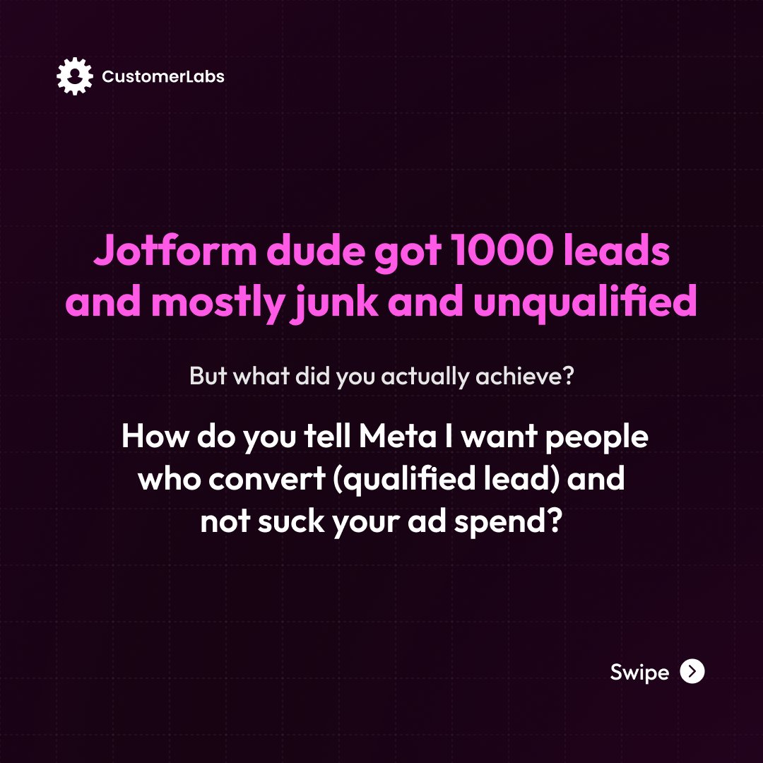 1,000 leads mean nothing if none convert.

If you only send form fills back to your ad platform, you’ll attract form-fillers — not buyers.

Close the loop.

Jotform: customerlabs.com/docs/website-e…

Salesforce: customerlabs.com/docs/sources/s…

#MarketingOps #LeadGen #CustomerLabs #1PDOps
