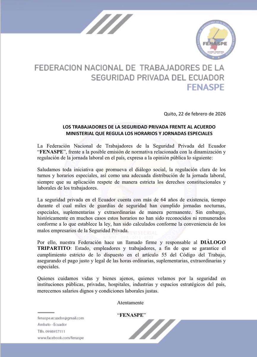 🔴🔴🔴
#Atención 
COMUNICADO📍
👮‍♀️👉Los trabajadores de la Seguridad privada del Ecuador, frente al Acuerdo Ministerial 046 que regula horarios y jornadas especiales de trabajo👮‍♀️✅ #Dialogo 
<a href="/MinTrabajoEc/">Ministerio del Trabajo Ecuador 🇪🇨</a> 
<a href="/haburbano/">Harold Burbano</a> 
<a href="/CUToficial_ec/">Central Unitaria de Trabajadores del Ecuador CUT</a>