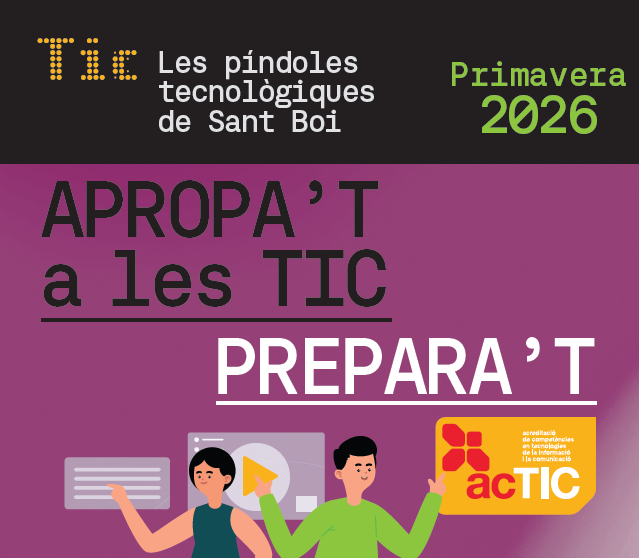 bibliotequeSBOI's tweet photo. El 9 de març s’obren les inscripcions per l'APROPAT A LES TIC.
L’@AjSantBoi ofereix formació en tecnologies de la informació i la comunicació estructurada en dos programes:
· Apropa’t a les #TIC
· Prepara’t l’#ACTIC.
+ INFO➡️https://t.co/QbyDmYrbFQ
#SantBoi #formació #biblioJRB https://t.co/Y85hpSWHtP