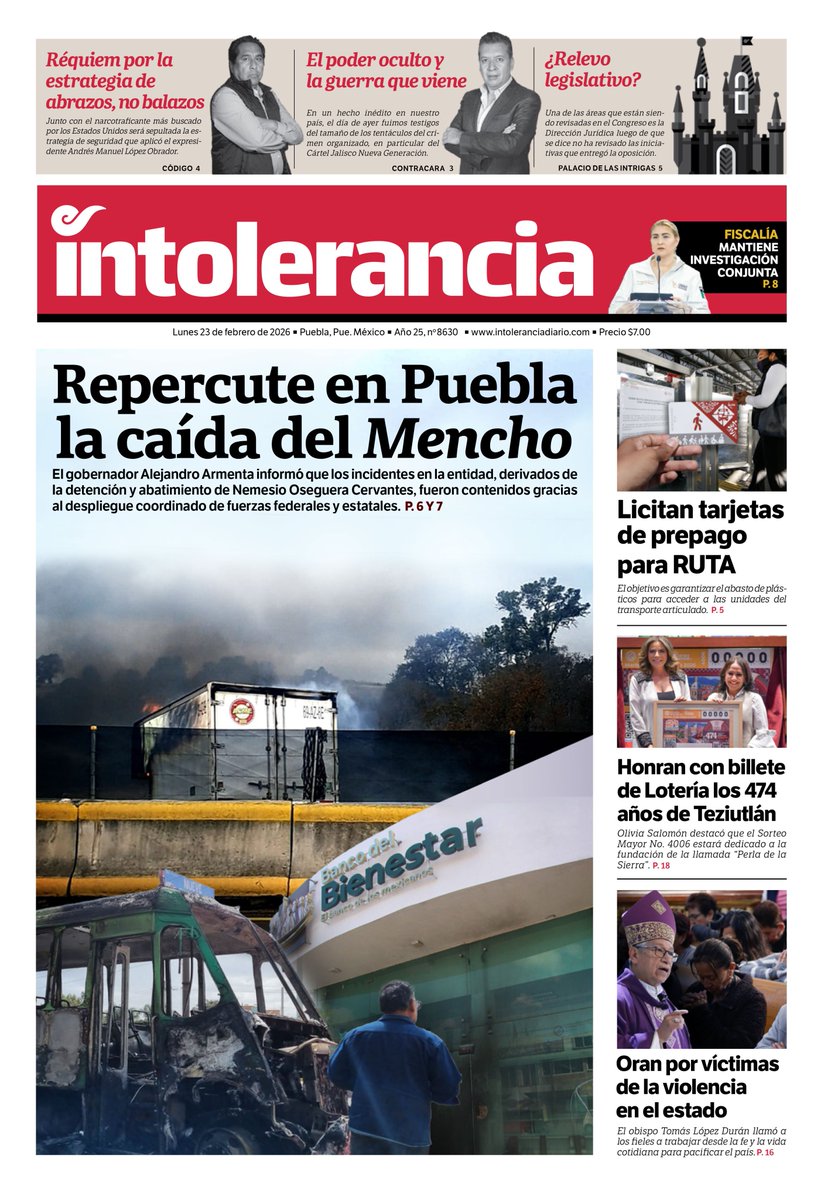 📰 #LaPortada de HOY:

🚨 Repercute en #Puebla la caída del Mencho.

🗣️ <a href="/FiscaliaPuebla/">FGE Puebla</a> mantiene investigación conjunta.

💳 Licitan tarjetas de prepago para <a href="/RUTA_Puebla/">RUTA Puebla</a>.