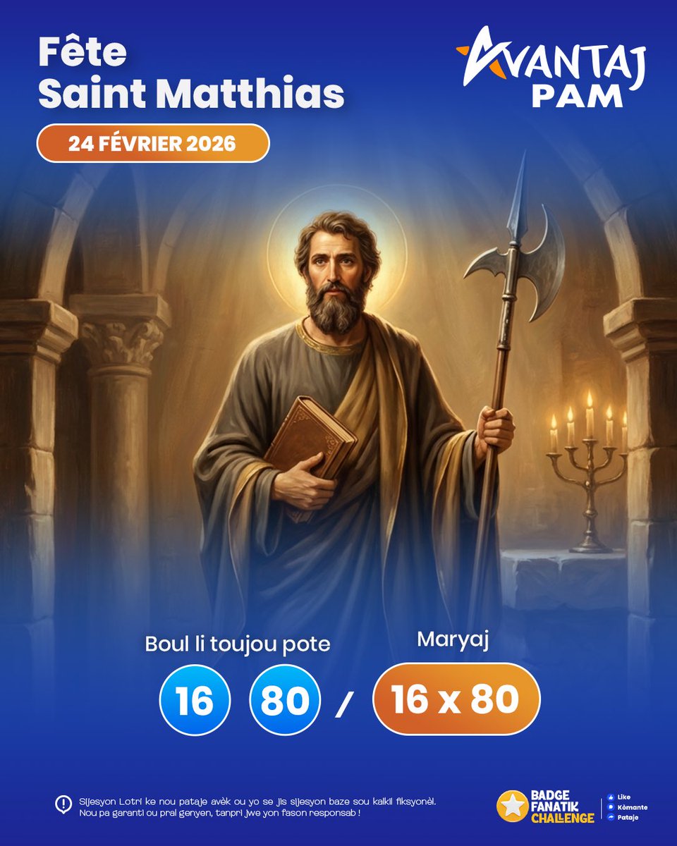 AvantajPam's tweet photo. 24 Fevriye – Fèt Saint Matthias 🙏✨🎉

📅 Boul ki mache ak dat sa: 16 – 80 🔢🍀
💍 Maryaj: 16x80 💰🔥

🎯 Amizew  sou Avantaj Pam pandan w ap benefisye de
🎁 Avantaj 5000 Pyas lè w genyen nan maryaj gratis 💵💎

🍀 Chans ou 🍀
💸 Avantaj ou 💸
🚀 Pa rate opòtinite w! 🔥✨
#avantaj, #avantajpam, #bolet, #bòlètayiti