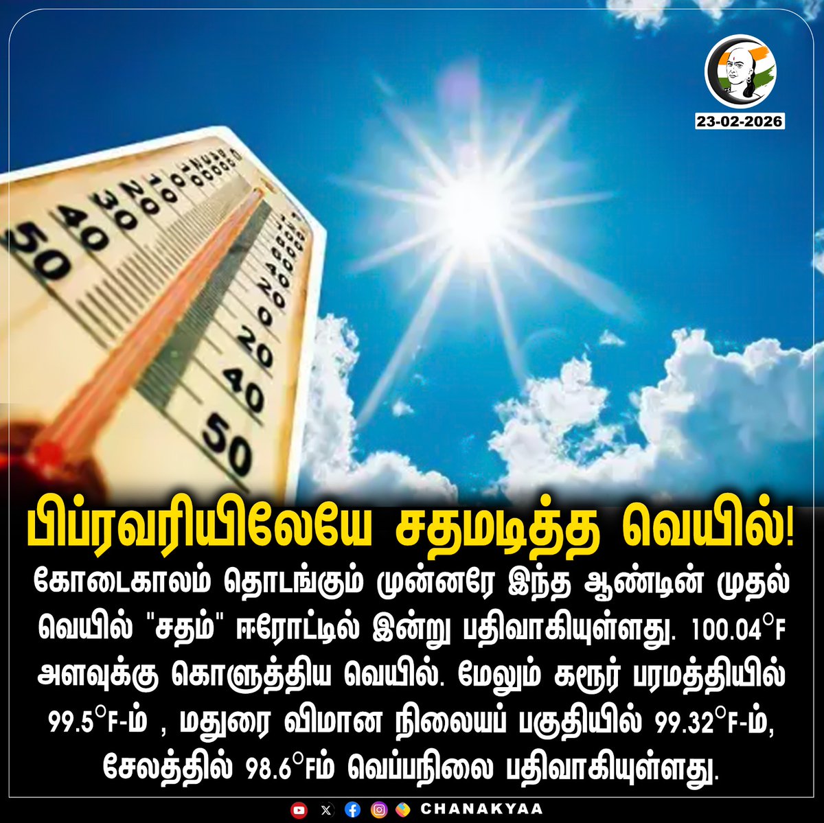 ChanakyaaTv's tweet photo. பிப்ரவரியிலேயே சதமடித்த வெயில்!
#summer #feburary #chanakyaa
Stay informed with the latest news through Chanakyaa via https://t.co/sbYbLDGPqW https://t.co/u6oxbELHlk