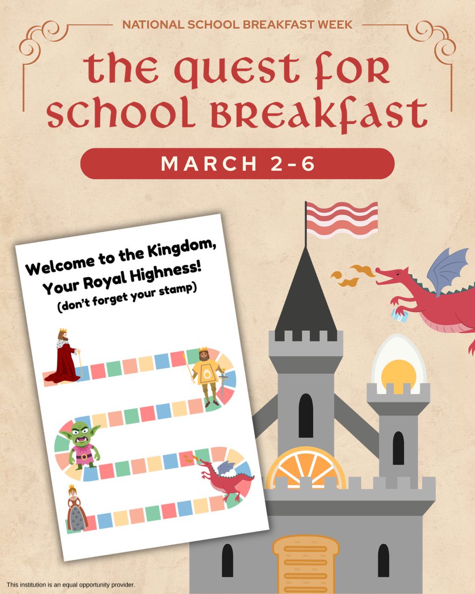 🏰⚔️ The Quest for School Breakfast begins in one week! Elementary students will receive Quest Books during National School Breakfast Week.

Eat school breakfast all week to complete the quest and be entered to win a royal prize! 👑✨

Let the adventure begin! 🐉 #NSBW26