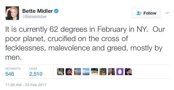9 years ago today, it was 62 degrees in New York City and Bette Midler blamed fecklessness, malevolence, greed, and men.

Right now, New York City is under 20 inches of snow...and I blame Bette Midler.