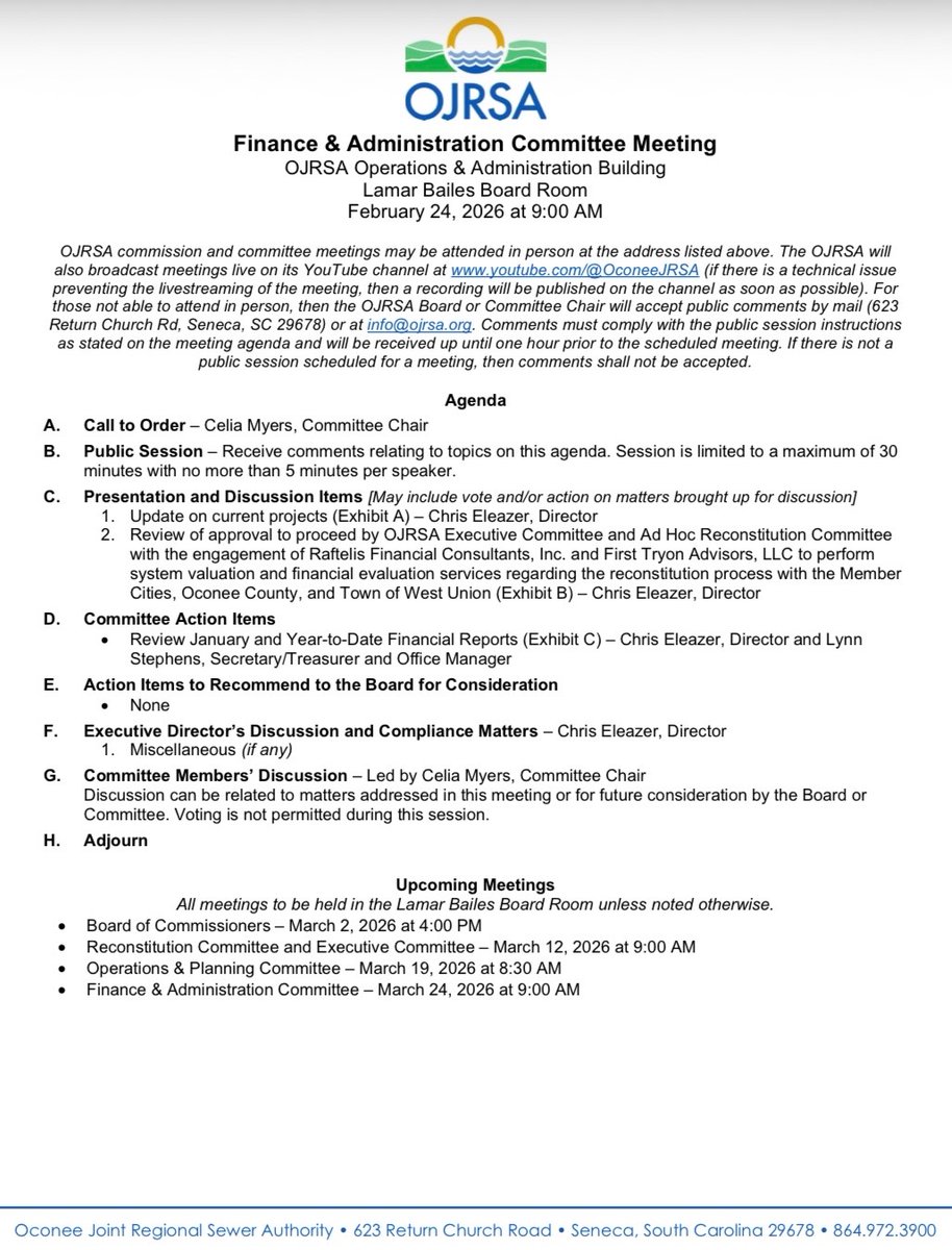 The Finance &amp; Administration Committee Meeting will be held at 9 a.m. on Tuesday, February 24, 2026 at the Coneross Creek Wastewater Treatment Facility Administration Building, 623 Return Church Road, Seneca.