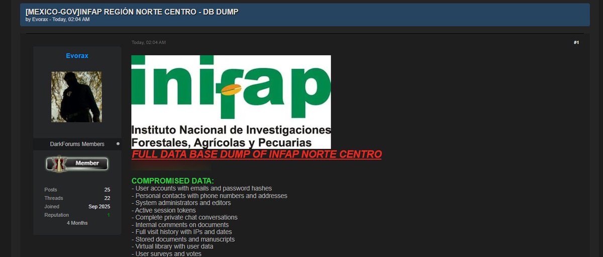 victor_ruiz's tweet photo. ⚠️🇲🇽Alerta: Se reporta la filtración de información de #INIFAP. El Instituto Nacional de Investigaciones Forestales, Agrícolas y Pecuarias es un organismo público descentralizado de México, enfocado en la investigación científica y tecnológica para el campo. https://t.co/LWVlAOsaaP