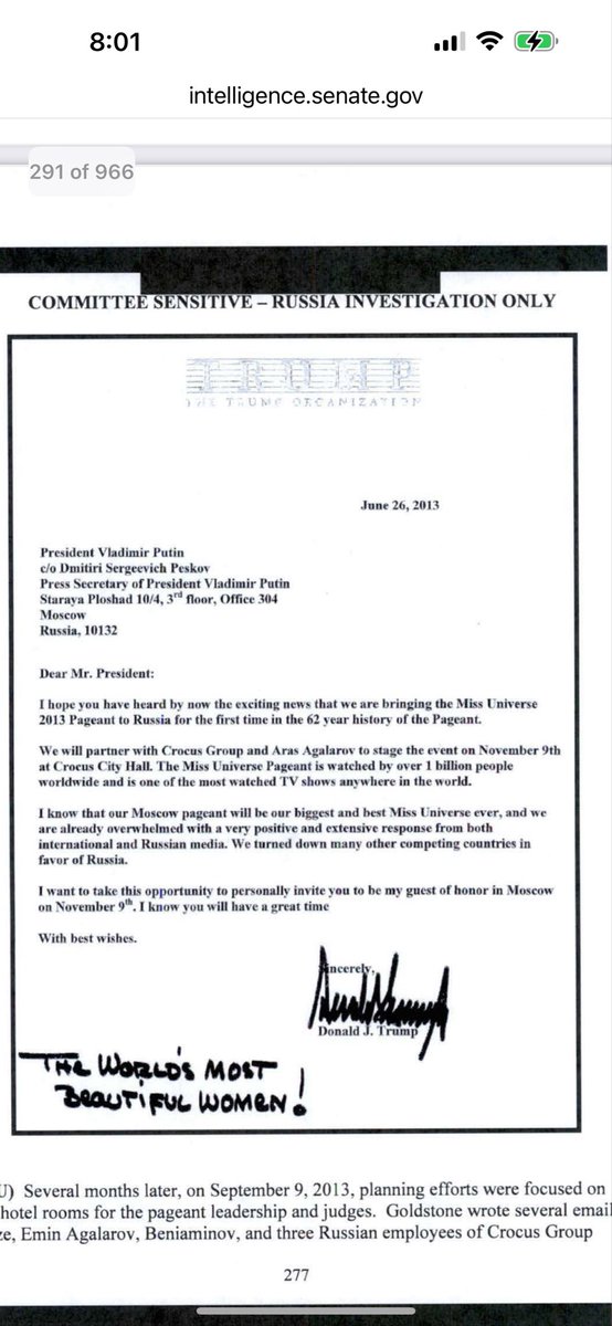 Trump’s personal invite to Putin asking him to attend the Miss Universe Pageant.