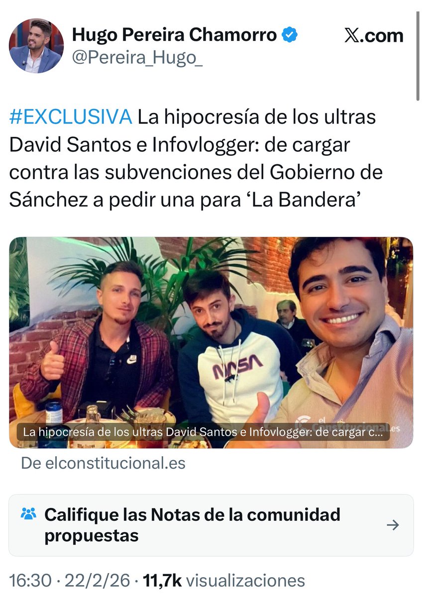 .<a href="/Pereira_Hugo_/">Hugo Pereira Chamorro</a> ha publicado la rectificación que le exigí, admitiendo que publicó un bulo, pero no ha borrado el tuit en el que sigue afirmando que yo pedí una subvención para La Bandera.
