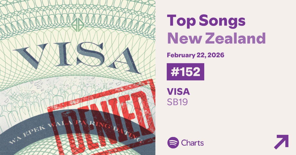 SB19’s latest single Visa, APPROVED dito sa New Zealand! Congratulations SB19 and to streaming team of SBL Oceania (used to be A’tin geNZed). Thank you team <a href="/_OfficialNSG_/">NSG Official SB19</a> sa guidance nyo! 

New Entry and by far the highest first OPM that charted in Spotify Top Songs New Zealand!