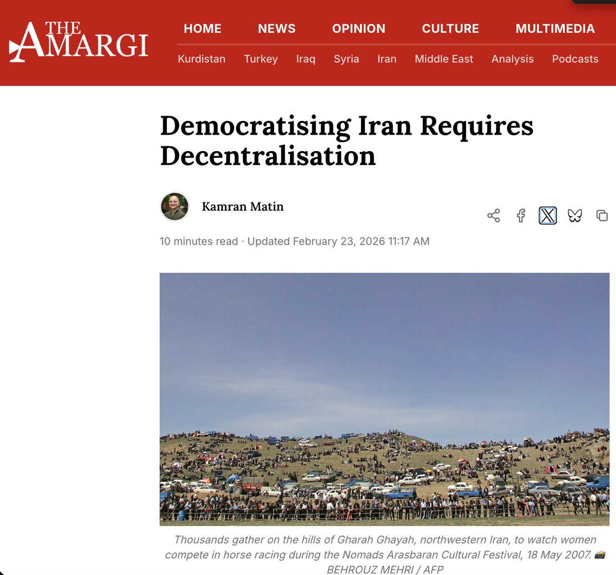 KamranMatin's tweet photo. In this piece in @the_amargi I show why genuine #democracy in Iran cannot be achieved without political decentralisation based on the right of national determination for the #Kurds and other subaltern nations.

"Citizenship grants equal formal rights to individuals, but it does not automatically address inequalities experienced by communities as communities. ...  Collective rights must complement individual rights. Decentralisation based on the right of national self-determination of nations – or peoples – to which centralised state power is devolved, offers a way forward. What appears from the centre as ‘centrifugal nationalism’ can, under conditions of equality, become a commitment to democratic coexistence."

#Kurdistan #Iran #national_self_determination

https://t.co/UBiWQjl3ZZ