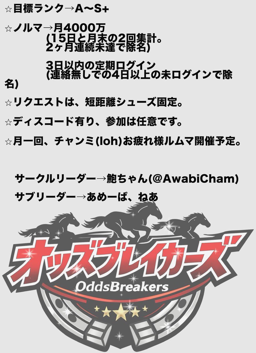 新設サークル

【オッズブレイカーズ】

この度3月から鮑ウマ娘サークルを立ち上げることになりました🎫

初期メンとして、鮑たちと共に一緒に盛り上げてくれるトレーナーさんを募集しております🎫

月間ファン数　4000万人
靴　短距離シューズ

詳細は画像⬇️(更に細かい詳細はリプ欄にて)