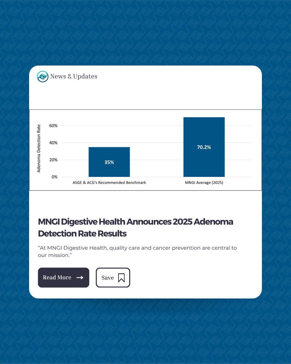 MNGIhealth's tweet photo. We’re proud to share MNGI Digestive Health’s 2025 Adenoma Detection Rate (ADR) results: 70.2%, well above the 35% benchmark set by ASGE &amp; ACG.

ADR is a key quality measure in colonoscopy and an important tool in colorectal cancer prevention.

Learn more: https://t.co/oYLBrvkCZh https://t.co/BdHPCm0awD