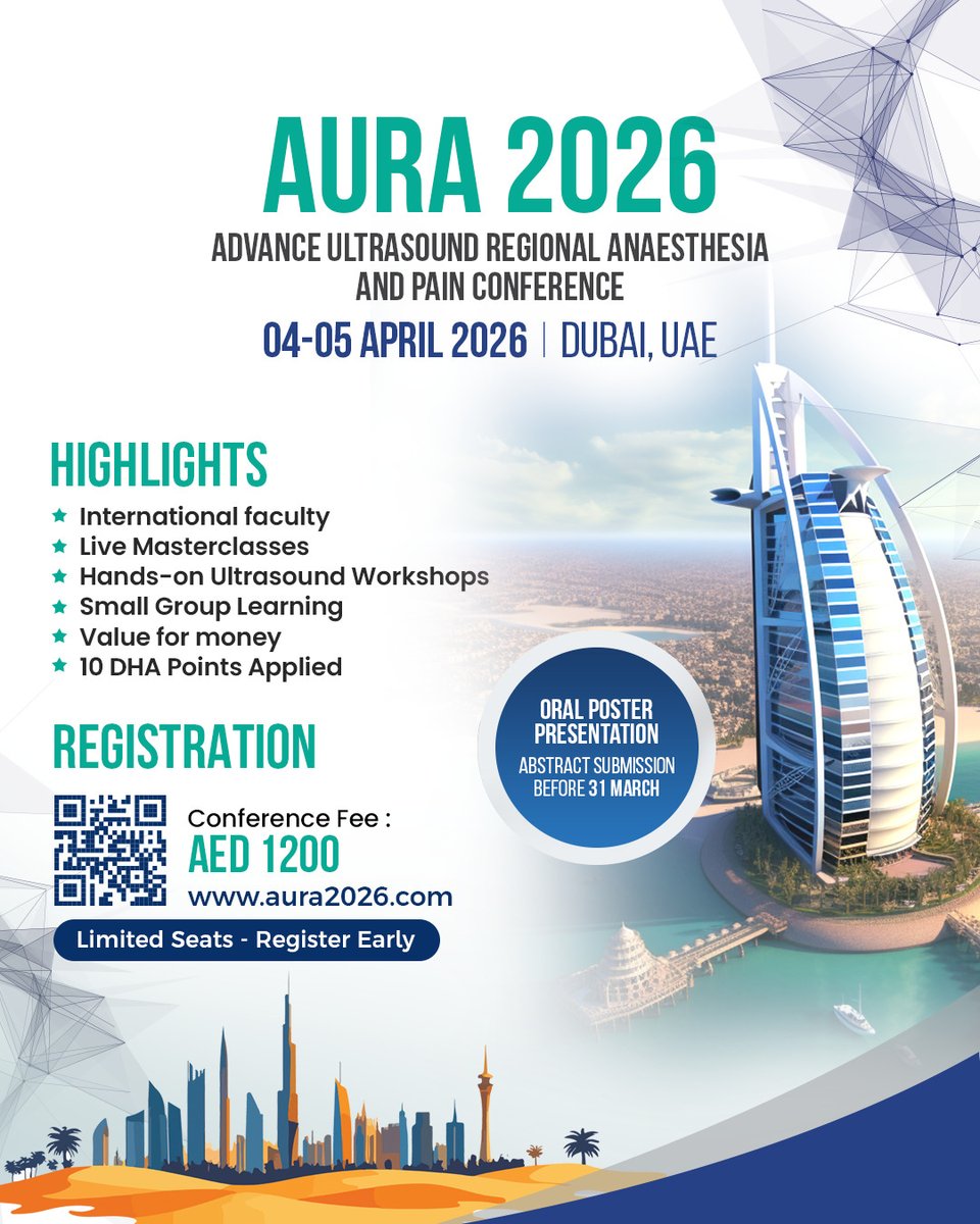 auraconf2026's tweet photo. We are honoured to bring together a distinguished faculty of regional and international experts for AURA 2026 – Advanced Ultrasound Regional Anaesthesia &amp; Pain Conference, taking place on 04–05 April 2026 in Dubai, UAE. Register NOW at https://t.co/558YcG95dW #regionalanaesthesia https://t.co/6NZDYMguLo