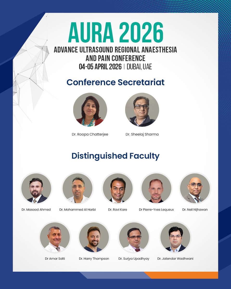 auraconf2026's tweet photo. We are honoured to bring together a distinguished faculty of regional and international experts for AURA 2026 – Advanced Ultrasound Regional Anaesthesia &amp; Pain Conference, taking place on 04–05 April 2026 in Dubai, UAE. Register NOW at https://t.co/558YcG95dW #regionalanaesthesia https://t.co/6NZDYMguLo