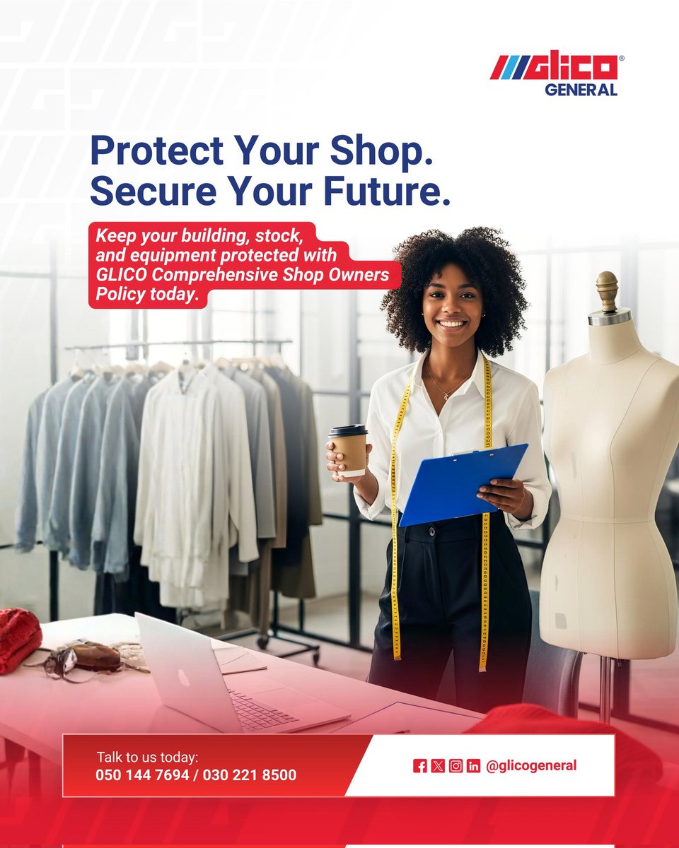 Glicogeneral's tweet image. From fire to theft, GLICO General keeps your shop and contents protected so you can keep growing and smiling.

Contact us on +233 50 144 7694 or visit glicogeneral.com or visit any of our branches nationwide today.

#GLICOgeneral #InsureWithConfidence #shopprotection