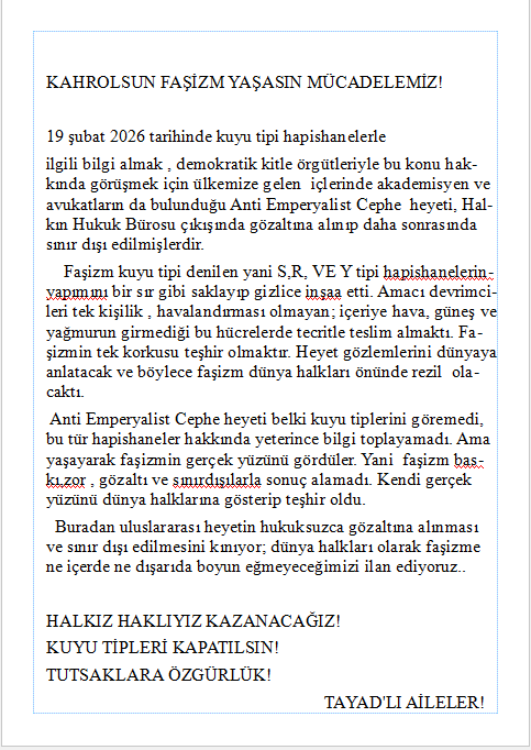 ÜLKEMİZE GELEN ANTİ EMPERYALİST CEPHE HEYETİ' NİN SINIR DIŞI EDİLMESİNE DAİR AÇIKLAMAMIZDIR: