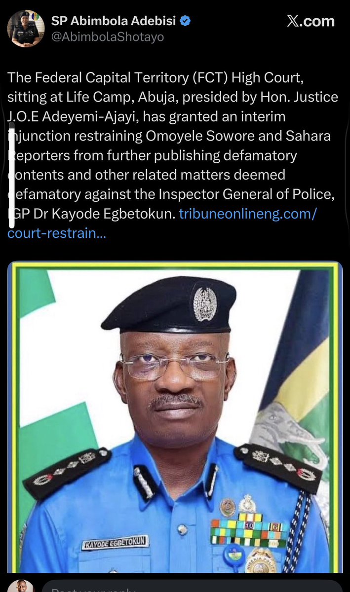 sowore's tweet photo. SHAME senior police officers and official police communication platforms, including WhatsApp groups and social media handles, are being compelled to circulate and defend the "Ex Parte Order" stopping purportedly @Saharareporters and @Sowore from revealing how Victor Egbetokun stole N100M from Anambra State Security Trust Fund, what are clearly personal family criminal controversies. 

The Nigeria Police Force @PoliceNG , which is a national institution funded by taxpayers, has sadly been turned in family public relations department for the illegal appointed IGP, Kayode Egbetokun (RTD)