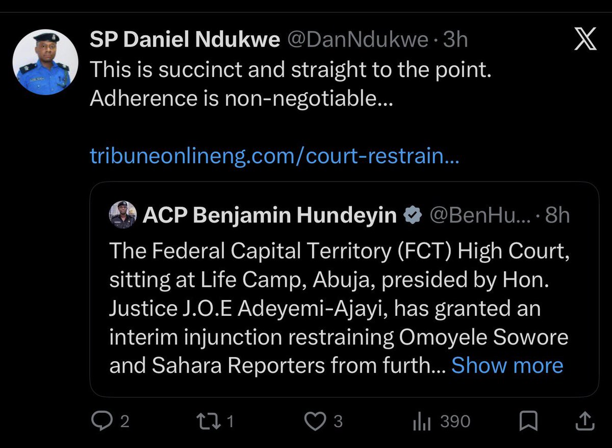 sowore's tweet photo. SHAME senior police officers and official police communication platforms, including WhatsApp groups and social media handles, are being compelled to circulate and defend the "Ex Parte Order" stopping purportedly @Saharareporters and @Sowore from revealing how Victor Egbetokun stole N100M from Anambra State Security Trust Fund, what are clearly personal family criminal controversies. 

The Nigeria Police Force @PoliceNG , which is a national institution funded by taxpayers, has sadly been turned in family public relations department for the illegal appointed IGP, Kayode Egbetokun (RTD)