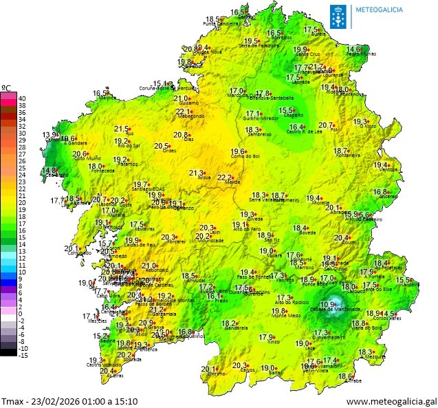 RedmeteoP's tweet image. 👉 Non están nada mal as temperaturas na rede de estacións de meteogalicia. 22°C en #Pontevedra, Melide, Pazos de Borbén, Lourenzá, Mabegondo..un adianto primaveral!