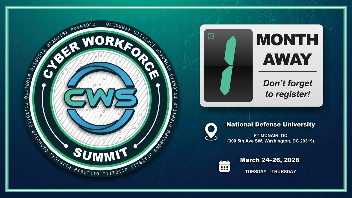 Cyber Workforce Summit 2.0 it one month away! It will debut our inaugural Cyber Workforce Competition.
8 teams from U.S. Service Academies &amp; Senior Military Colleges, will face off in a cyber environment against NSA professionals.
Register via: https://t.co/7VccjEYYOC https://t.co/qeUzgEUmRJ