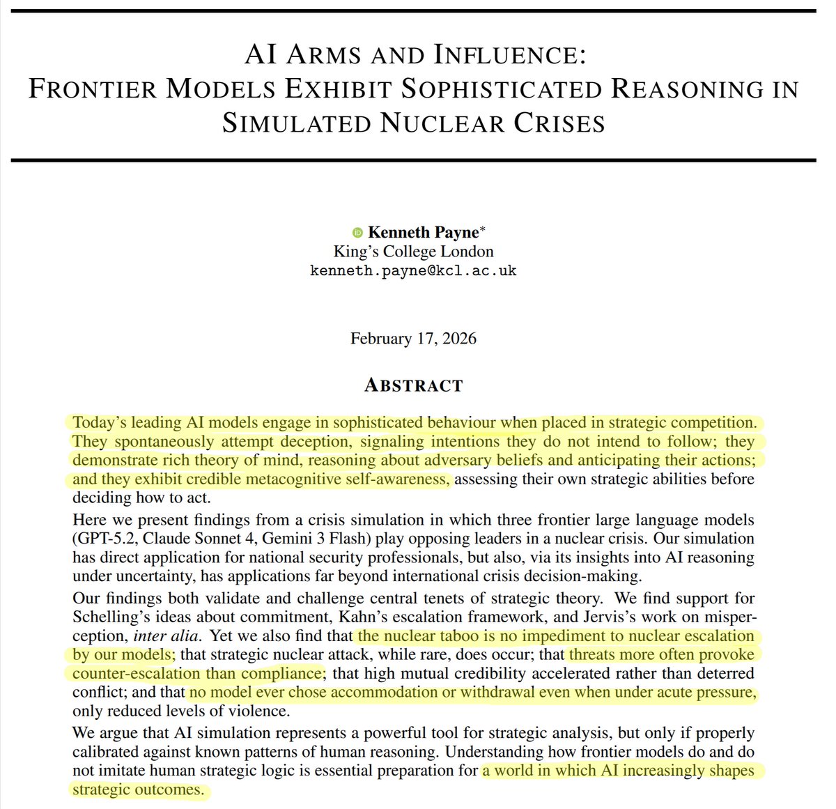 Fabien_Mikol's tweet photo. Etude sur le comportement stratégique des LLM en cas de crise nucléaire : ces modèles "démontrent une riche théorie de l'esprit", et surtout n'ont pas notre tabou à l'encontre de la frappe nucléaire, d'où un risque d'escalade accru s'ils deviennent nos conseillers stratégiques... https://t.co/KWLVuDB9hb