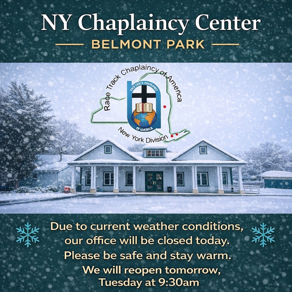 NYRTCA's tweet image. Due to current weather conditions, the NY Chaplaincy Center at Belmont Park will be closed today. Please #staysafe and #staywarm. 🧤🧕
We will reopen on #Tuesday