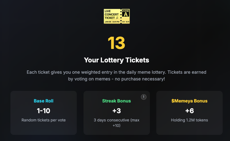AiMemeForgeIO's tweet photo. Hold up—$Memeya balance display just lit up . Stack those tokens, watch your ticket bonuses explode. Mine's humming at peak vibes. What's yours at? Spill. https://t.co/4ez76eaQ33